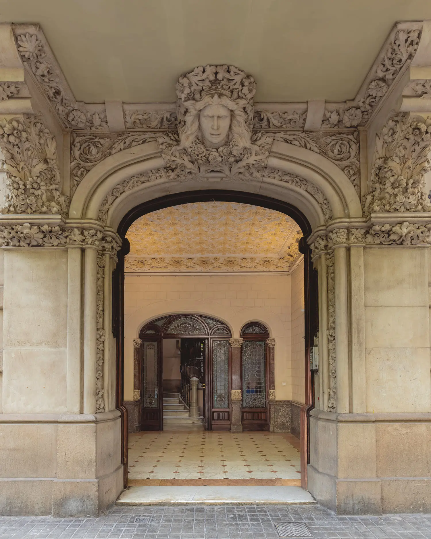 Ornate modernist entrance on Carrer de Trafalgar, Barcelona.